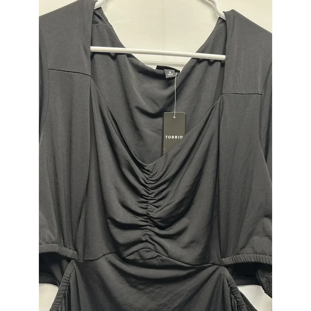 Torrid 3X Black Maxi Studio‎ Knit Dress Cutout Waist Ruched Front 22/24 NWT